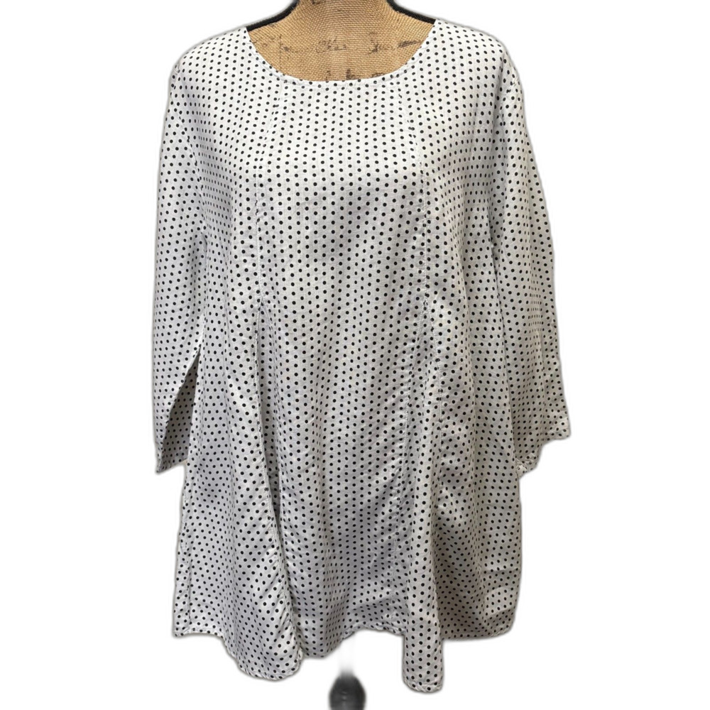 Match Point 100% Linen White Black Polka Dot Tunic Top‎ Lagenlook Size Medium